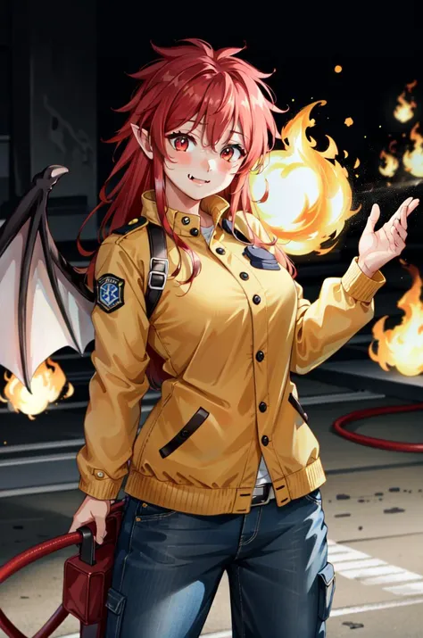 MariSetogoya, 1girl, smile, solo, long hair, red eyes, red hair, wings, pointy ears, fang, bat wings, demon wings, looking at viewer, blush, smile, large breasts, standing, dynamic pose, <lora:MariSetogaya:0.8>, 8k, masterpiece, best quality, absurdres, perfect anatomy, cinematic lighting, cowboy shot, (firefighter jacket:1.1), (firefighter uniform:1.1), pants,