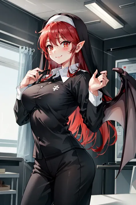 MariSetogoya, 1girl, smile, solo, long hair, red eyes, red hair, wings, pointy ears, fang, bat wings, demon wings, looking at viewer, blush, smile, large breasts, standing, dynamic pose, <lora:MariSetogaya:0.8>, 8k, masterpiece, best quality, absurdres, perfect anatomy, cinematic lighting, cowboy shot,(black nun uniform:1.1) , pants,