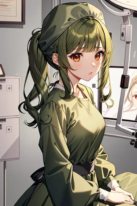 ((masterpiece, best quality, high quality)),1girl, <lora:Clare Sniders:0.6> (clare sniders, oc ch9, 1girl, hair ornament, red_eyes, twintails, hairclip, swept bangs, hair over shoulder, dark_green_hair, medium hair, small breasts, sidelocks), <lora:ConceptClothingSurgicalOutfit1_1:0.95> ((surgical outfit, surgical mask, long sleeves,long dress, surgical cap,latex gloves, folded hair)),