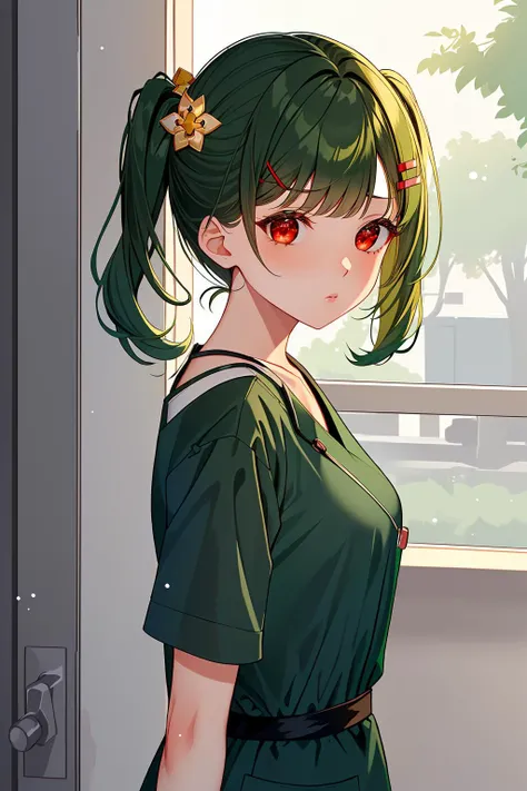 ((masterpiece, best quality, high quality)),1girl, <lora:Clare Sniders:0.7> (clare sniders, oc ch9, 1girl, hair ornament, red eyes, twintails, hairclip, swept bangs, hair over shoulder, dark green hair, medium hair, small breasts, sidelocks), <lora:ClothingMedicalScrubs0:0.9> ((scrubs, medical scrubs)),