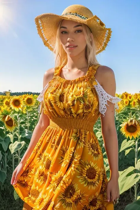 Merger_mona_mechaylor,
(walking through a field of sunflowers wearing a (summer dress:1.3) and sun hat, field, sunflowers, summer, scenic:1.2),
bokeh, f1.4, 40mm, photorealistic, raw, 8k, textured skin, skin pores, intricate details <lora:epi_noiseoffset2:1>, epiCRealism <lora:ClothingAdjuster3:-1>