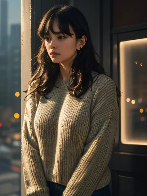 c0urtney,a woman,(closeup:1.3),long hair,bangs,wearing headphones,(city lights:1),serious,wearing black sweater,extremely detailed,intricated,masterpiece,cinematic,(film grain:1.2),bokeh,volumetric lighting,motion blur, <lora:epi_noiseoffset2:0.6>,(dimly lit:1.3) ,(rim light:1.2), <lora:c0urtney-3:1>