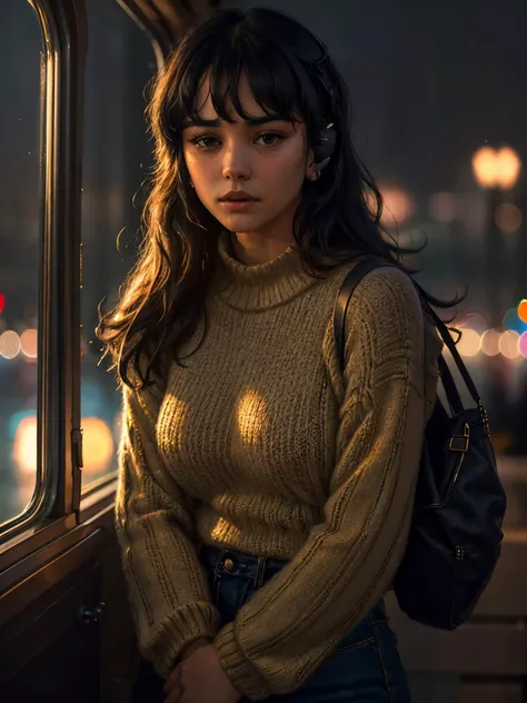 c0urtney,a woman,(closeup:1.3),long hair,bangs,wearing headphones,(city lights:1),serious,wearing black sweater,extremely detailed,intricated,masterpiece,cinematic,(film grain:1.2),bokeh,volumetric lighting,motion blur, <lora:epi_noiseoffset2:0.6>,(dimly lit:1.3) ,(rim light:1.2), <lora:c0urtney-3:1>