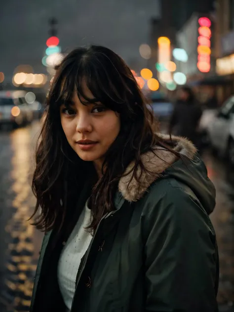 c0urtney,a woman,(closeup:1.1),long hair,bangs,wearing parka,rainy,(city lights:1),smile,extremely detailed,intricated,masterpiece,cinematic,(film grain:1.2),bokeh,volumetric lighting,motion blur, <lora:epi_noiseoffset2:0.6>,(dimly lit:1.3) ,(rim light:1.2), <lora:c0urtney-3:1>, <lora:add_detail:1> add_detail:2,