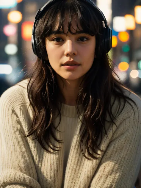 c0urtney,a woman,long hair,bangs,wearing headphones,(city lights:1),serious,wearing sweater,closeup,extremely detailed,intricated,masterpiece,LEICA,professional photographer,cinematic,(film grain:1.2),bokeh,volumetric lighting,motion blur, <lora:epi_noiseoffset2:0.6>,(dimly lit:1.3) ,(rim light:1.2), <lora:c0urtney-3:1>