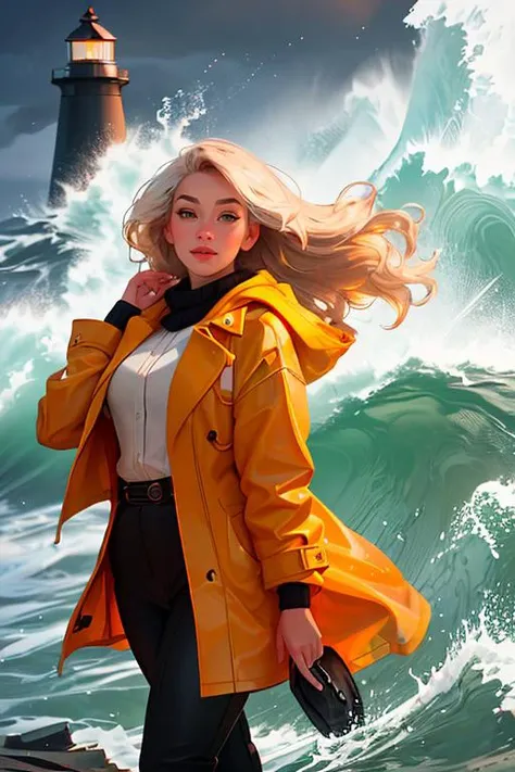 DEN_sonia_SG,
(portrait of a lighthouse keeper (walking on the rocks:1.2) on a dark (stormy night:1.2) wearing a yellow raincoat in the wind, (waves crashing:1.2) into the rocks, (storm:1.2), (wind swept:1.2), (gale:1.1), (tsunami:1.1), lighthouse, (night time:1.2), (wet rocks, rocks, rocky:1.2), (splashing waves:1.2), waves, (ocean spray:1.2), (lighthouse:1.1):1.2),
bokeh, f1.4, 40mm, photorealistic, raw, 8k, textured skin, skin pores, intricate details <lora:epi_noiseoffset2:1>, epiCRealism <lora:ClothingAdjuster3:-1>