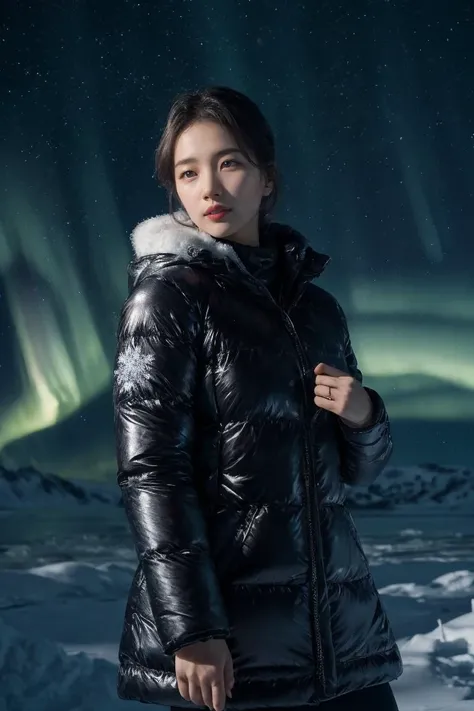 Best quality, 8k, perfect lighting, masterpiece, ultra high res, (photorealistic:1.4), raw photo,1girl, solo, realistic, looking at viewer, upper body, detailed arctic background, winter clothes, dynamic pose, snow, snowflakes, night, aurora sky, detailed oily skin, red lips, high-end makeup