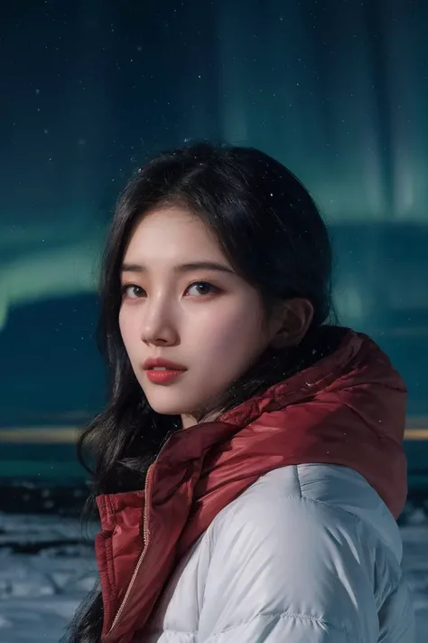 Best quality, 8k, perfect lighting, masterpiece, ultra high res, (photorealistic:1.4), raw photo,1girl, solo, realistic, looking at viewer, upper body, detailed arctic background, winter clothes, dynamic pose, snow, snowflakes, night, aurora sky, detailed oily skin, red lips,