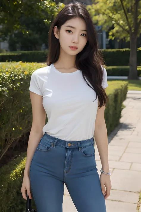 Best quality, masterpiece, ultra high res, (photorealistic), raw photo,1girl, skinny, cowboy shot,solo, realistic, looking at viewer, long hair, bokeh background, city streets,brown eyes, tshirt, jeans,