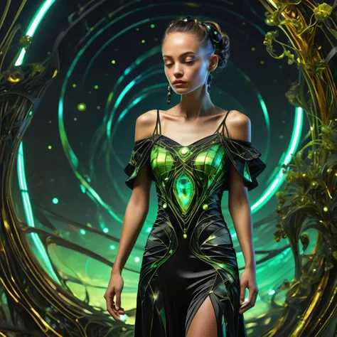 ((best quality)), ((masterpiece)), ((realistic,digital art)), (hyper detailed),DonML34fXL, upper body clothing, Off-the-Shoulder Neckline, Electroluminescent Silk, Checked,, Obsidian, Spaghetti Straps, Midi Length, Drop Waist, Waistband,,Train,,Beads,,Hand Sanding , organic, irregular shapes, <lora:DonML34fXL-000004:0.8>