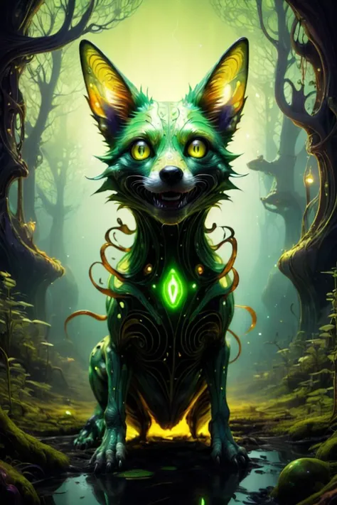 (close-up shot of a creepy alien, inspired from a fox, glowing green eyes and a creepy smile:1.05), very detailed, accents of glowing light in the background, volumetric fog, volumetric lighting, imax, volumetric glow, masterpiece, 8k resolution
