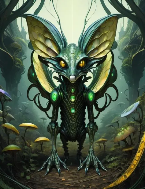 ((best quality)), ((masterpiece)), ((realistic,digital art)), (hyper detailed),DonML34f, Enormous Anthropomorphic Ephemeral Luxurious Fungoid, Tripedal Armless, Clawed Appendages, Curved-Tailed, Slick Skin, , <lora:DonML34f_v2:1>