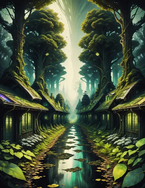 ((best quality)), ((masterpiece)), ((realistic,digital art)), (hyper detailed),DonML34f, Village, nature, organic, beautiful,forest-like<lora:DonML34f:1.0>