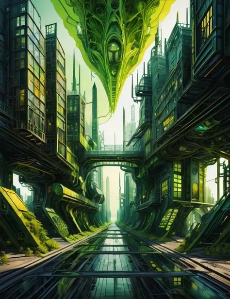 ((best quality)), ((masterpiece)), ((realistic,digital art)), (hyper detailed),DonML34f, Industrial City, organic, irregular shapes <lora:DonML34f_v2:1>