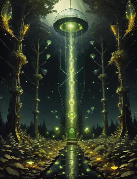 ((best quality)), ((masterpiece)), ((realistic,digital art)), (hyper detailed),DonML34f, Astrobiology Research Facility, Levitation Assisted Elevators,Rhyolite stone, Fireflies, String Lights (Fairy Lights), nature, organic, beautiful,forest-like<lora:DonML34f:1.0>