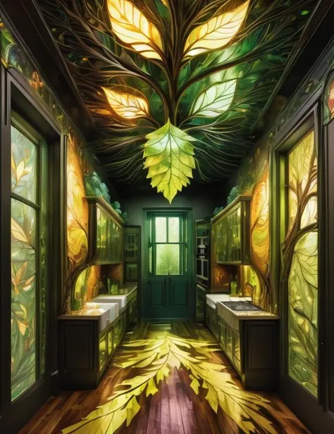 ((best quality)), ((masterpiece)), ((realistic,digital art)), (hyper detailed),DonML34f, Pantry (In kitchen or separate), Ceiling Light, Warp Painting tapestry, High-Intensity Discharge Lamps, Footlighting, nature, organic, beautiful,tree,leaf <lora:DonML34f_v2:1>
