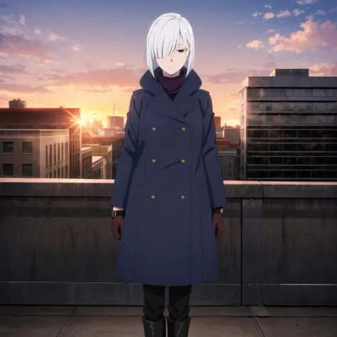 <lora:FionaFrost001:0.7>,<lora:add_detail:0.7>,<lora:boldline:-0.5>,<lora:noline:0.3>,
FionaFrost,1woman,solo,
short hair,white hair,hair over one eye,black eyes,
blue coat,sweater,turtleneck,
brown gloves,wristwatch,
black pants,
boots,
full body,
city,sunset,