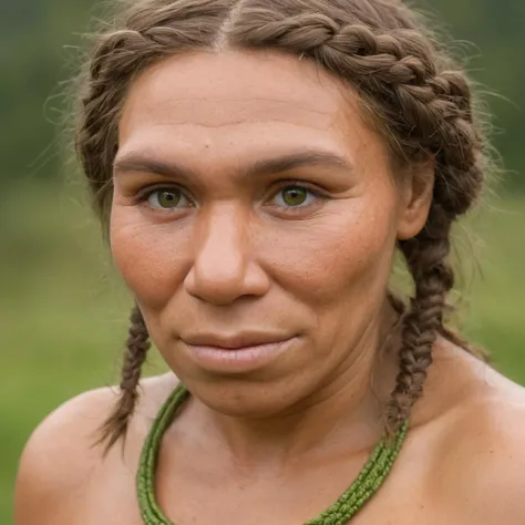 a neanderthal woman with a woven braided hair and dark and green eyes, meadoww, hut in background (((closed mouth))), light smile, <lora:Neanderthal-concept:1.2>neanderthal female, neanderthal woman face