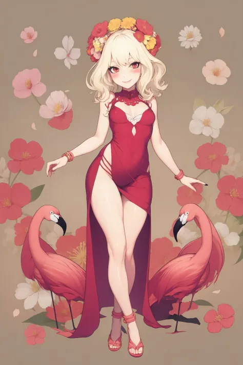 full body, solo, 1girl, looking at another, smile, blush, small breasts, bright, Flamingo Flower \(flower\), floral background <lora:fishine_style_v02:1>