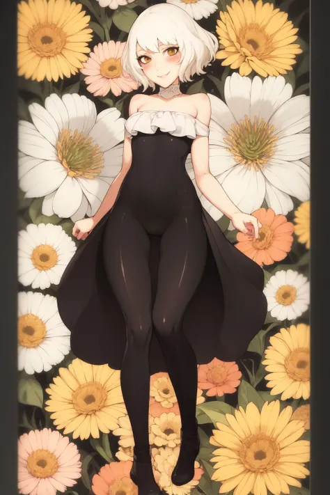 full body, solo, 1girl, looking away, smile, blush, small breasts, day, Craspedia \(flower\), floral background <lora:fishine_style_v02:1>