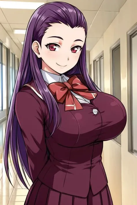 masterpiece, best quality, detailed face, <lora:HUElla:0.5>, HUElla, large breasts, arms behind back, long hair, purple hair, red eyes, smile, bow, long sleeves, school uniform, indoors, hallway, hair slicked back, sidelocks,