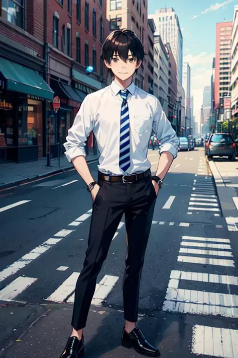 1boy, belt, black_hair, black_pants, brown_eyes, building, city, crosswalk, hand_in_pocket, hand_on_hip, looking_at_viewer, male_focus, mouth_hold, necktie, outdoors, pants, shirt, shoes, smile, solo, standing, striped, watch, white_shirt, wristwatch