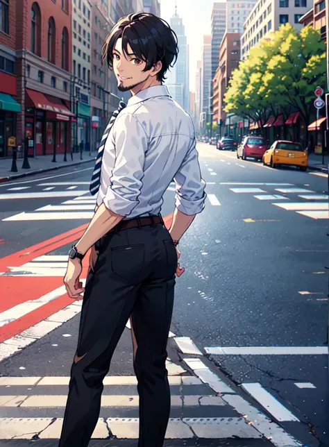 1boy, back_bow, from_behind, belt, black_hair, black_pants, brown_eyes, building, city, crosswalk, looking_at_viewer, male_focus, mouth_hold, necktie, outdoors, pants, shirt, shoes, smile, solo, standing, striped, watch, white_shirt, wristwatch, beard