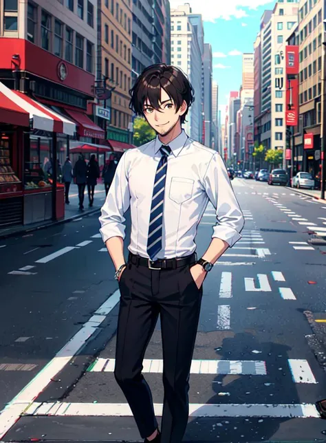1boy, belt, black_hair, black_pants, brown_eyes, building, city, crosswalk, hand_in_pocket, hand_on_hip, looking_at_viewer, male_focus, mouth_hold, necktie, outdoors, pants, shirt, shoes, smile, solo, standing, striped, watch, white_shirt, wristwatch, beard
