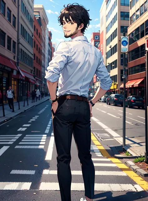 1boy, back_bow, from_behind, belt, black_hair, black_pants, brown_eyes, building, city, crosswalk, hand_in_pocket, hand_on_hip, looking_at_viewer, male_focus, mouth_hold, necktie, outdoors, pants, shirt, shoes, smile, solo, standing, striped, watch, white_shirt, wristwatch, beard