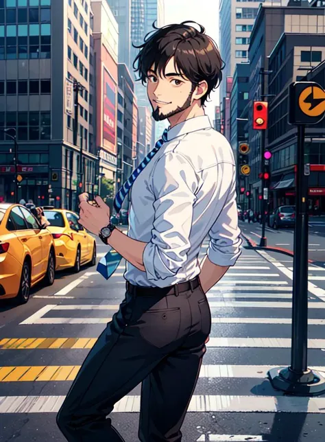 1boy, back_bow, from_behind, belt, black_hair, black_pants, brown_eyes, building, city, crosswalk, looking_at_viewer, male_focus, mouth_hold, necktie, outdoors, pants, shirt, shoes, smile, solo, standing, striped, watch, white_shirt, wristwatch, beard