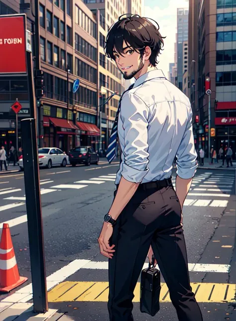 1boy, back_bow, from_behind, belt, black_hair, black_pants, brown_eyes, building, city, crosswalk, looking_at_viewer, male_focus, mouth_hold, necktie, outdoors, pants, shirt, shoes, smile, solo, standing, striped, watch, white_shirt, wristwatch, beard