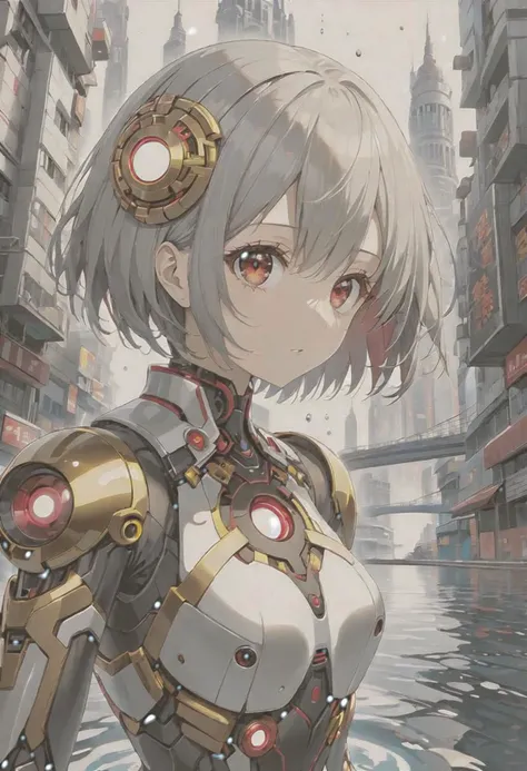 anime game, dark space iridescent fractal cells cellularal matrix of eye-holes and keyholes of eyeholes geometry fractals, upper body,, 1girl, short hair, red eyes, black eye-hole keyhole cube-hole ultron mech armor of repeated multi-plates of copper and golden motifs, white sky, water stream bank, city, street, tree canopy, sunlit, weak lights and shadows, looking viewer, sliver flower layered rectangle motifs on-mech, eyeholes keyholes polygon motifs broken damaged glass mech, transparent x-ray hole key eye-key-hole broken damaged glass defeated mech destroyed x-ray collapsed