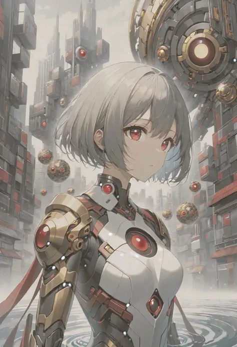 anime game, dark space iridescent fractal cells cellularal matrix of eye-holes and keyholes of eyeholes geometry fractals, upper body,, 1girl, short hair, red eyes, black eye-hole keyhole cube-hole ultron mech armor of repeated multi-plates of copper and golden motifs, white sky, water stream bank, city, street, tree canopy, sunlit, weak lights and shadows, looking viewer, sliver flower layered rectangle motifs on-mech, eyeholes keyholes polygon motifs broken damaged glass mech, transparent x-ray hole key eye-key-hole broken damaged glass defeated mech destroyed x-ray collapsed