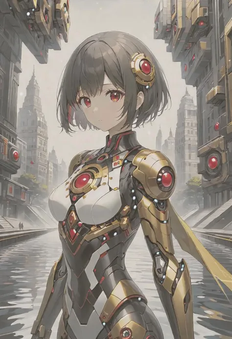 anime game, dark space iridescent fractal cells cellularal matrix of eye-holes and keyholes of eyeholes geometry fractals, upper body,, 1girl, short hair, red eyes, black eye-hole keyhole cube-hole ultron mech armor of repeated multi-plates of copper and golden motifs, white sky, water stream bank, city, street, tree canopy, sunlit, weak lights and shadows, looking viewer, sliver flower layered rectangle motifs on-mech, eyeholes keyholes polygon motifs broken damaged glass mech, transparent x-ray hole key eye-key-hole broken damaged glass defeated mech destroyed x-ray collapsed