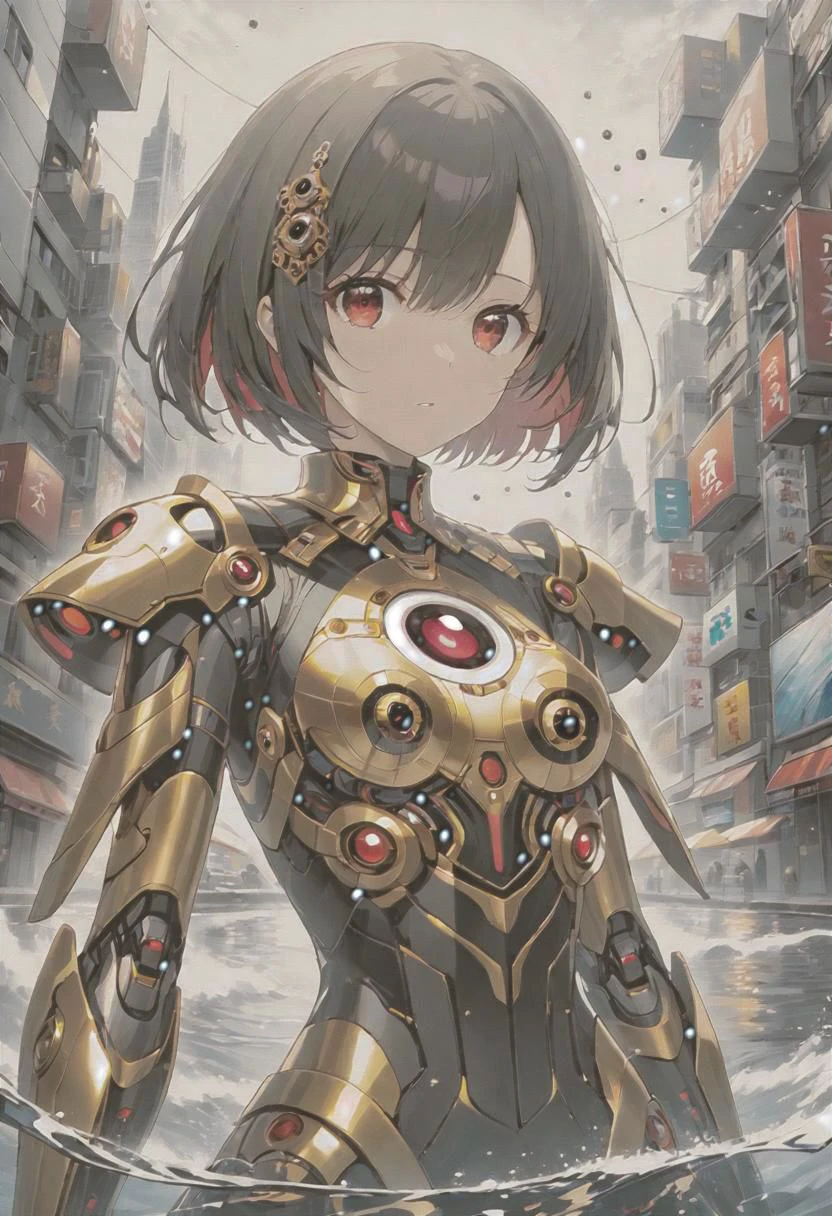 anime game, dark space iridescent fractal cells cellularal matrix of eye-holes and keyholes of eyeholes geometry fractals, upper body,, 1girl, short hair, red eyes, black eye-hole keyhole cube-hole ultron mech armor of repeated multi-plates of copper and golden motifs, white sky, water stream bank, city, street, tree canopy, sunlit, weak lights and shadows, looking viewer, sliver flower layered rectangle motifs on-mech, eyeholes keyholes polygon motifs broken damaged glass mech, transparent x-ray hole key eye-key-hole broken damaged glass defeated mech destroyed x-ray collapsed