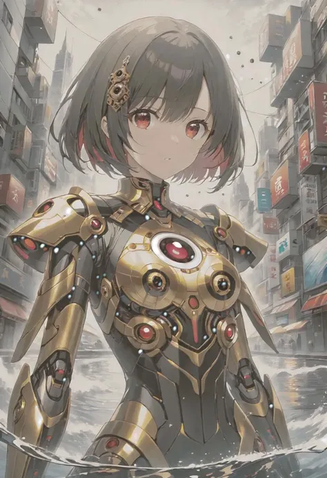 anime game, dark space iridescent fractal cells cellularal matrix of eye-holes and keyholes of eyeholes geometry fractals, upper body,, 1girl, short hair, red eyes, black eye-hole keyhole cube-hole ultron mech armor of repeated multi-plates of copper and golden motifs, white sky, water stream bank, city, street, tree canopy, sunlit, weak lights and shadows, looking viewer, sliver flower layered rectangle motifs on-mech, eyeholes keyholes polygon motifs broken damaged glass mech, transparent x-ray hole key eye-key-hole broken damaged glass defeated mech destroyed x-ray collapsed
