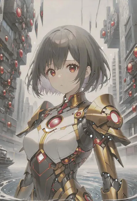 anime game, dark space iridescent fractal cells cellularal matrix of eye-holes and keyholes of eyeholes geometry fractals, upper body,, 1girl, short hair, red eyes, black eye-hole keyhole cube-hole ultron mech armor of repeated multi-plates of copper and golden motifs, white sky, water stream bank, city, street, tree canopy, sunlit, weak lights and shadows, looking viewer, sliver flower layered rectangle motifs on-mech, eyeholes keyholes polygon motifs broken damaged glass mech, transparent x-ray hole key eye-key-hole broken damaged glass defeated mech destroyed x-ray collapsed