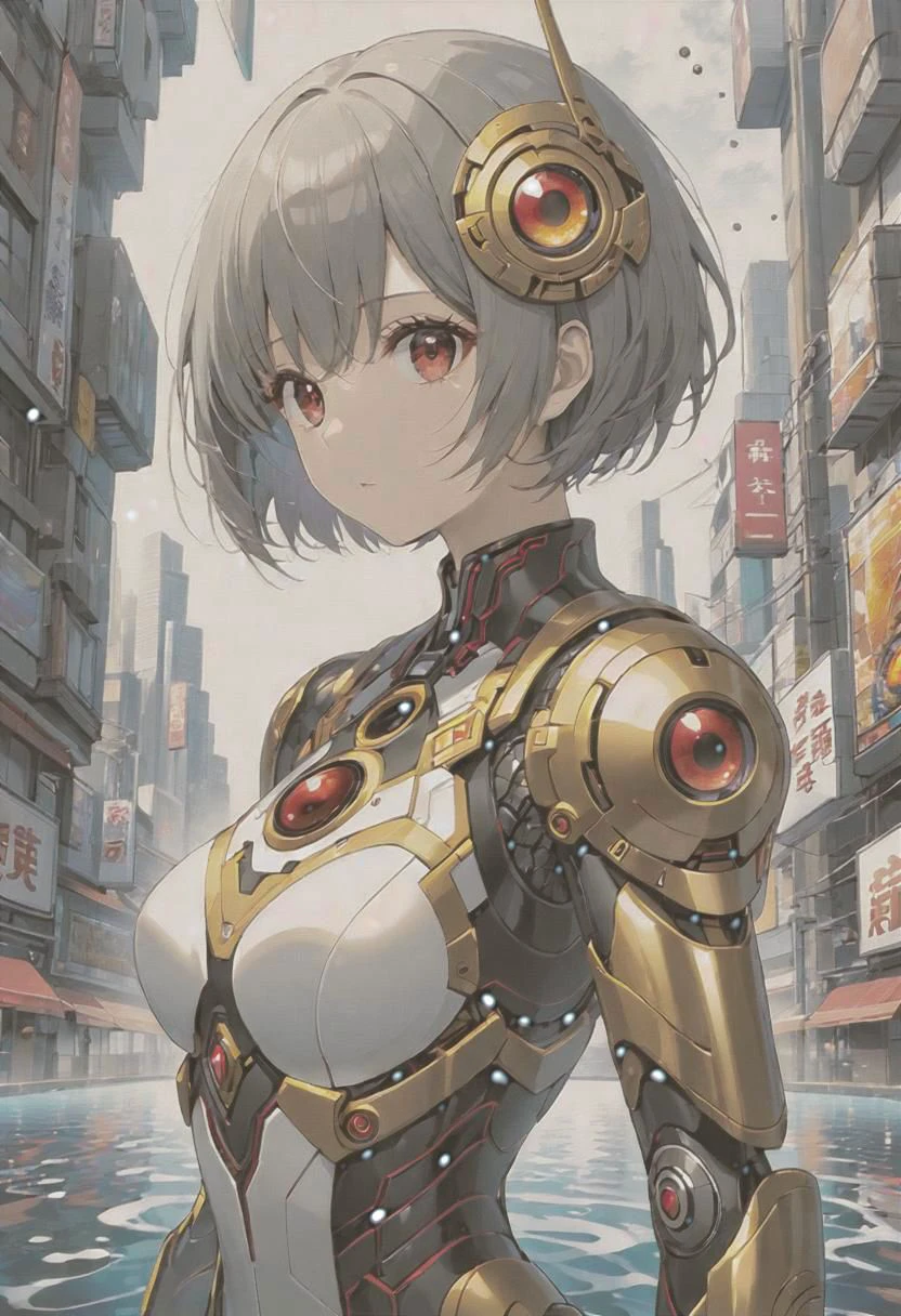 anime game, dark space iridescent fractal cells cellularal matrix of eye-holes and keyholes of eyeholes geometry fractals, upper body,, 1girl, short hair, red eyes, black eye-hole keyhole cube-hole ultron mech armor of repeated multi-plates of copper and golden motifs,  white sky, water stream bank, city, street, tree canopy, sunlit, weak lights and shadows, looking viewer, sliver flower layered rectangle motifs on-mech, eyeholes keyholes polygon motifs broken damaged glass mech, transparent x-ray hole key eye-key-hole  broken damaged glass defeated mech destroyed x-ray collapsed