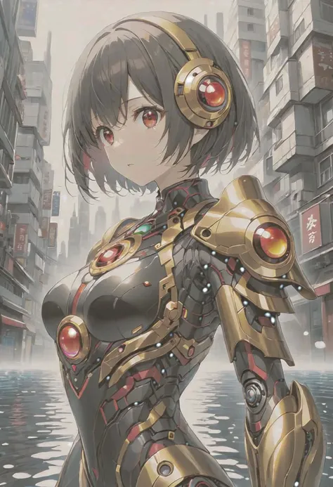 anime game, dark space iridescent fractal cells cellularal matrix of eye-holes and keyholes of eyeholes geometry fractals, upper body,, 1girl, short hair, red eyes, black eye-hole keyhole cube-hole ultron mech armor of repeated multi-plates of copper and golden motifs, white sky, water stream bank, city, street, tree canopy, sunlit, weak lights and shadows, looking viewer, sliver flower layered rectangle motifs on-mech, eyeholes keyholes polygon motifs broken damaged glass mech, transparent x-ray hole key eye-key-hole broken damaged glass defeated mech destroyed x-ray collapsed