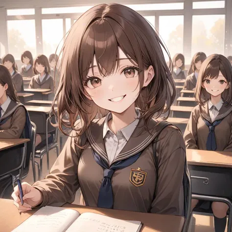 high quality, masterpiece, 1girl, brown hair, school, smile, school