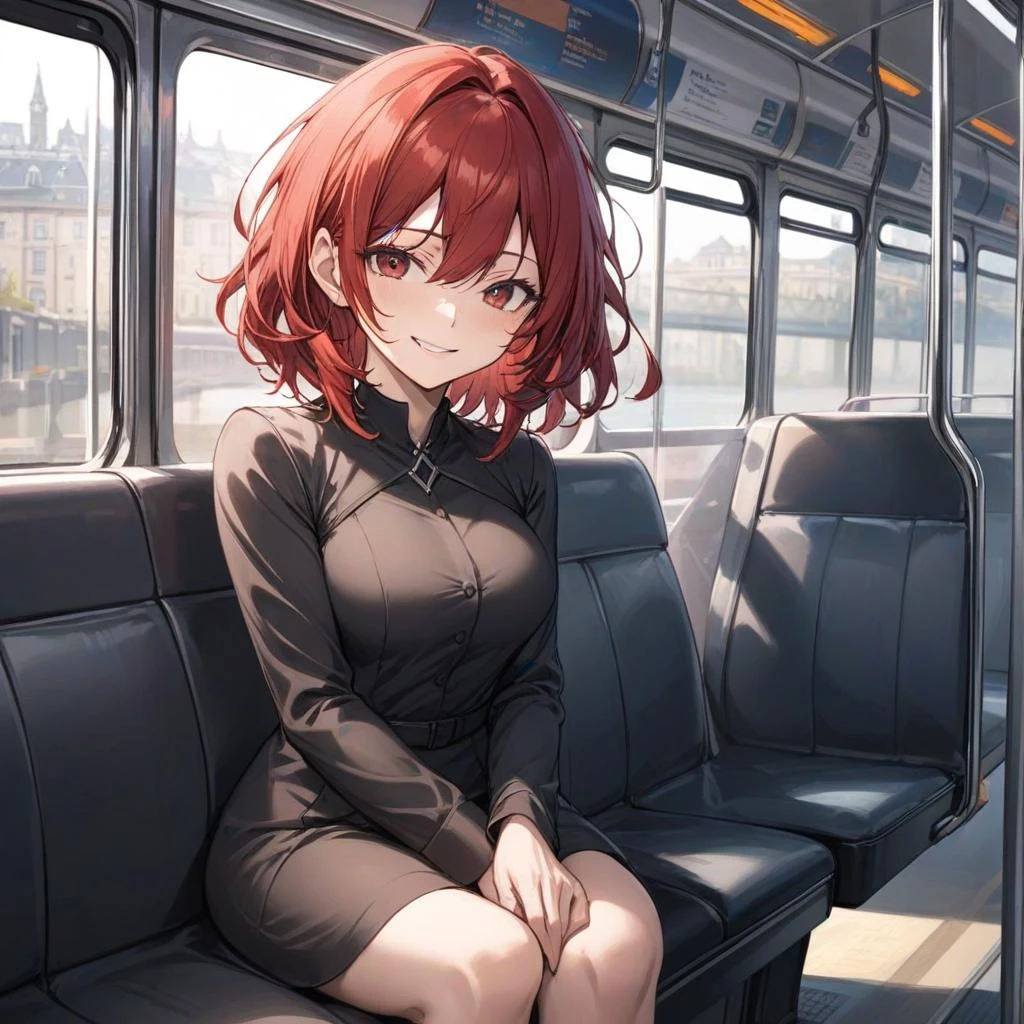 high quality, masterpiece, 1girl, mature female, red hair, smirk, medium hair, sitting, bus