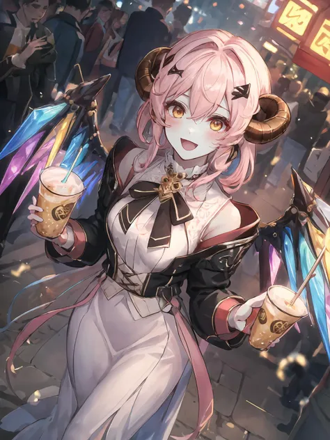 masterpiece,best quality,highres,cinematic lighting,dramatic angle,<lora:ShadowverseShowdownDemonV1-000019:0.8:lbw=jiangshi3>,1girl,pink hair,horns,blue skin,yellow eyes,ribbon,,bowtie,glowing eyes,white dress,long dress,vest,crystal wings,choker,streetscape,crowd,holding bubble tea,tail,pillow,:d,happy,shy,blush,portrait,close-up,looking at viewer,straight-on,from above,depth of field