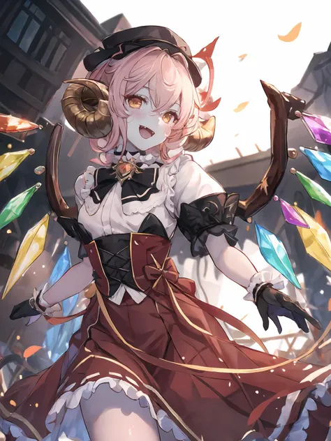 masterpiece,best quality,highres,cinematic lighting,dramatic angle,<lora:ShadowverseShowdownDemonV1-000019:0.8:lbw=jiangshi3>,1girl,pink hair,horns,blue skin,yellow eyes,ribbon,bowtie,glowing eyes,shaded face,black background,underground,long dress,frills,crystal wings,choker,streetscape,crowd,tail,flandre,:d,happy,shy,blush,portrait,close-up,looking at viewer,straight-on,from below,depth of field,flandre scarlet, red dress,blood,blood on face,evil smile,fangs,hat,puffy sleeves,collar,layered skirt