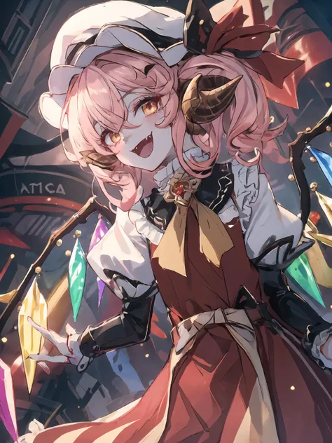 masterpiece,best quality,highres,cinematic lighting,dramatic angle,<lora:ShadowverseShowdownDemonV1-000019:0.8:lbw=jiangshi3>,1girl,pink hair,horns,blue skin,yellow eyes,ribbon,bowtie,glowing eyes,shaded face,black background,underground,long dress,frills,crystal wings,choker,streetscape,crowd,tail,flandre,:d,happy,shy,blush,portrait,close-up,looking at viewer,straight-on,from below,depth of field,flandre scarlet, red dress,blood,blood on face,evil smile,fangs,hat,puffy sleeves,collar,layered skirt