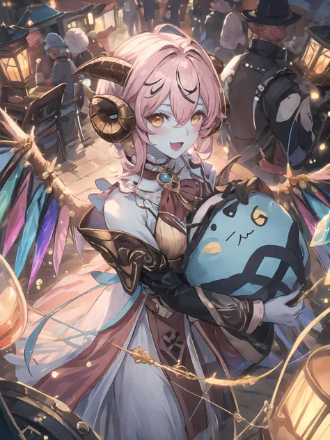 masterpiece,best quality,highres,cinematic lighting,dramatic angle,<lora:ShadowverseShowdownDemonV1-000019:0.8:lbw=jiangshi3>,1girl,pink hair,horns,blue skin,yellow eyes,ribbon,,bowtie,glowing eyes,white dress,long dress,vest,crystal wings,choker,streetscape,crowd,holding bubble tea,tail,pillow,:d,happy,shy,blush,portrait,close-up,looking at viewer,straight-on,from above,depth of field