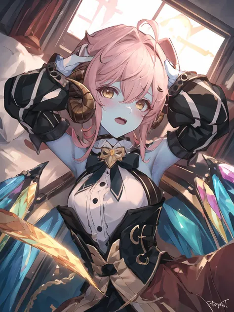 masterpiece,best quality,highres,cinematic lighting,dramatic angle,<lora:ShadowverseShowdownDemonV1-000019:0.8:lbw=jiangshi3>,1girl,pink hair,horns,blue skin,yellow eyes,detached sleeves,bare shoulders,ribbon,bowtie,glowing eyes,white shirt,vest,crystal wings,gloves,choker,on bed,(embarrassed:1.1),shy,open mouth,blush,shy,portrait,close-up,looking at viewer,straight-on,lying,on back,arms up