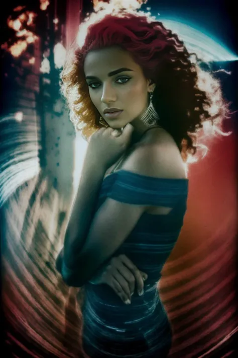a pinhole_solargraph above a beautiful 25 year old Brazilian woman with neon hair <lora:pinhole_solargraph:1>