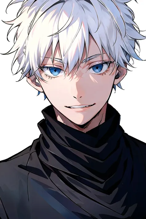 <lora:gojou_20230729114653:0.8>,solo,
1man,gojou,blue eyes,white hair,
upper body,high neck,black top,
(black eye band,hair up:1.4)