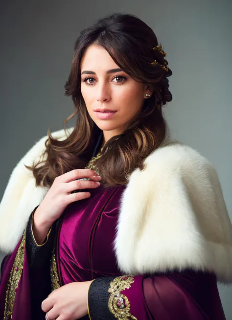 portrait of skswoman, ecstatic , wearing haute couture garments , with brown Choppy layers , background winter epic (photo, studio lighting, hard light, sony a7, 50 mm, matte skin, pores, colors, hyperdetailed, hyperrealistic), <lyco:Blanca Suarez:1.1>