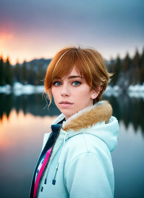 portrait of skswoman, smug , wearing sneakers , with strawberry blonde Feathered haircut , background frozen lakeside epic (photo, studio lighting, hard light, sony a7, 50 mm, matte skin, pores, colors, hyperdetailed, hyperrealistic), <lyco:Blanca Suarez:1.1>